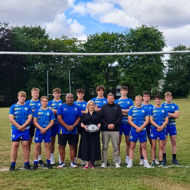 Peter Symonds rugby players with college coach Mike Marchant, Principal Sara Russell and Bath head of academy Craig Lilley